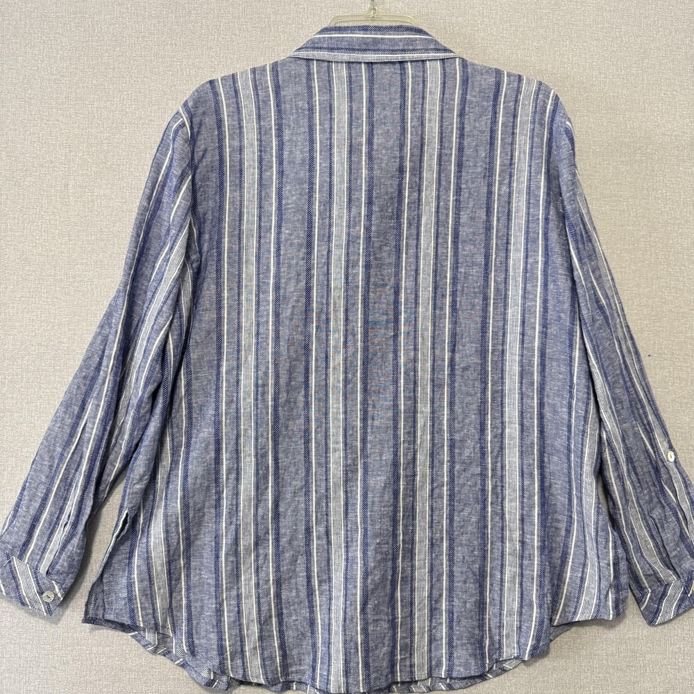 Susan Graver Shirt Womens Petite Large Blue Stripe Linen Button Long Sleeve - Picture 3 of 8